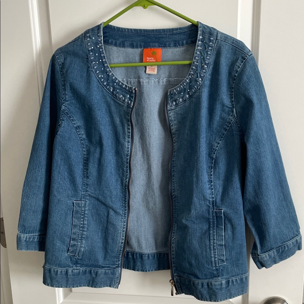 Hearts of Palm Blue Jean Jacket with Studded Neckline